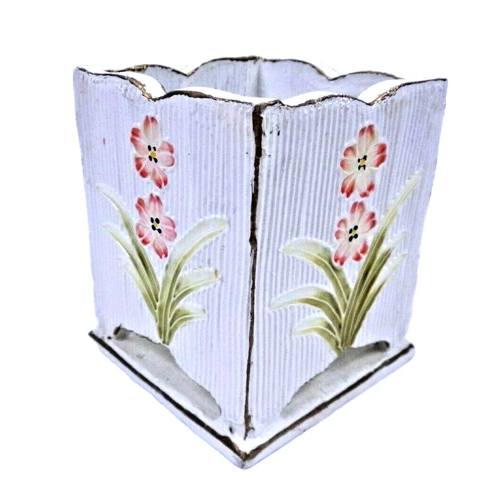 Vintage Square Wooden Hand Painted Storage Box Desk Organizer Ribbed Floral